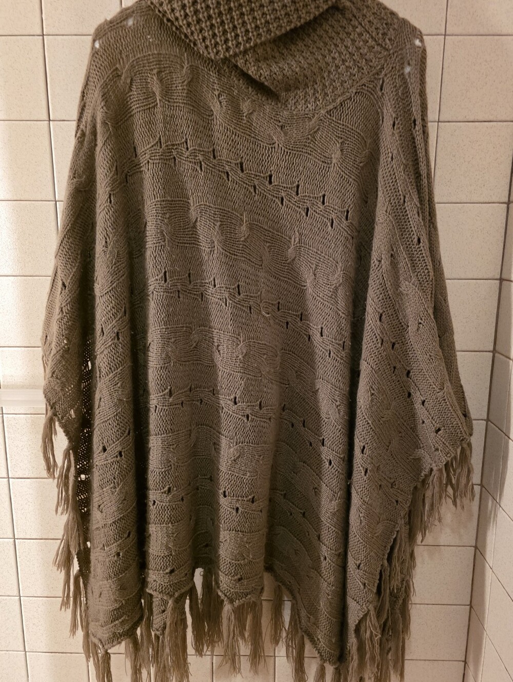 Joy Joy Brownish Knit Fringe Poncho with Shawl Collar